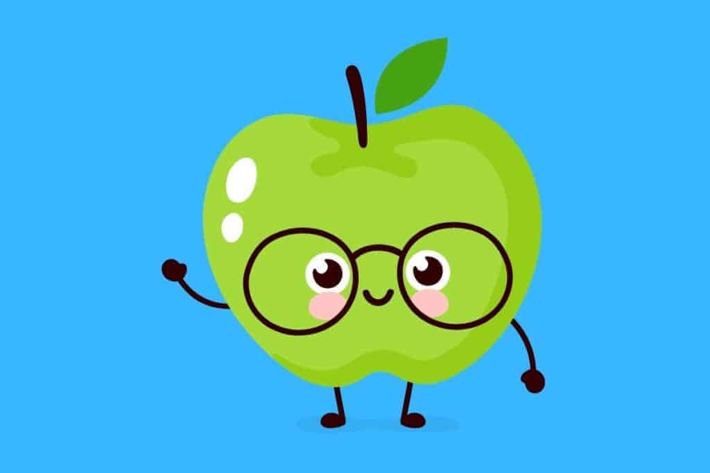 Cartoon graphic of apple with blue background waving.