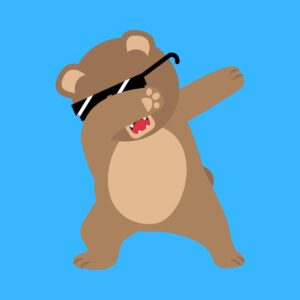 Cartoon graphic of bear dabbing on blue background.