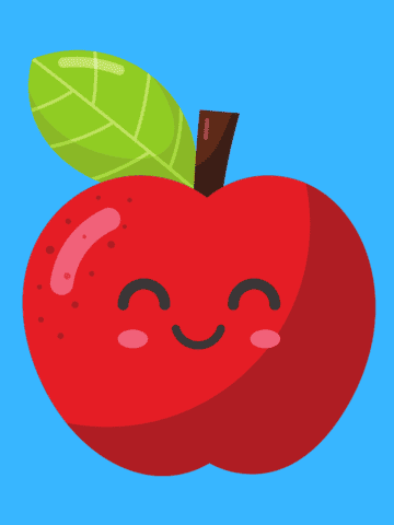 cute red cartoon apple on blue background.