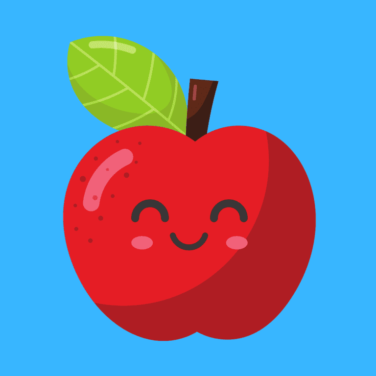 cute red cartoon apple on blue background.