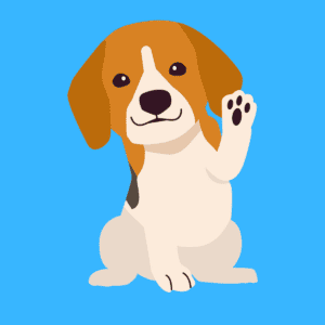 cartoon puppy waving on blue background.