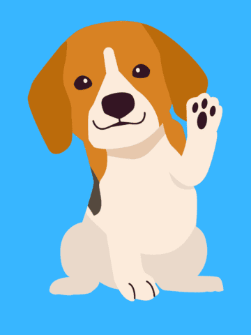 cartoon puppy waving on blue background.
