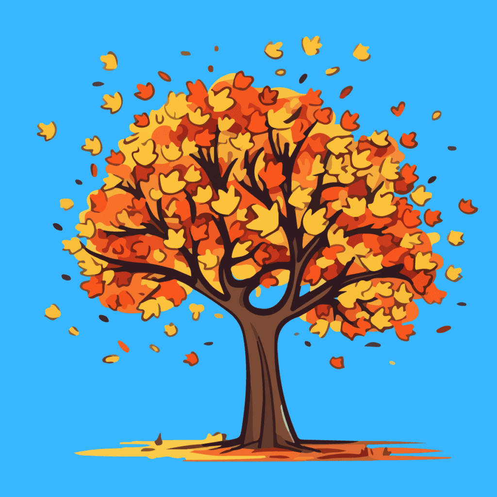 fall tree cartoon on blue background.