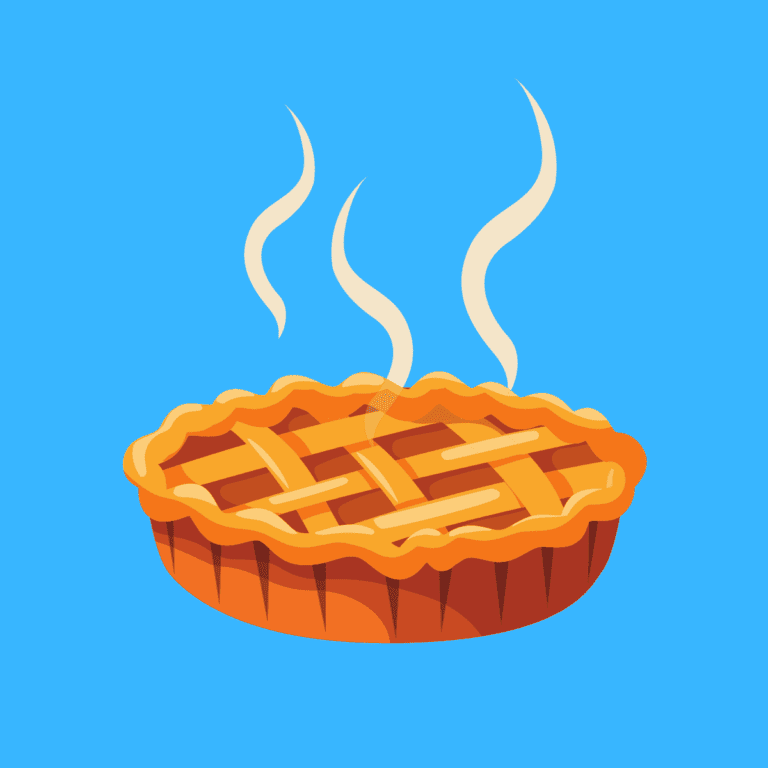 steaming pie cartoon on blue background.