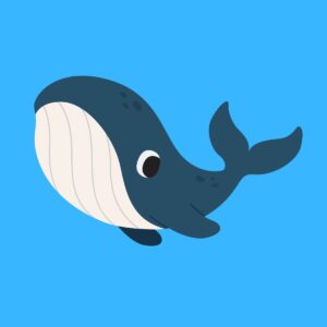 cartoon blue whale on blue background.