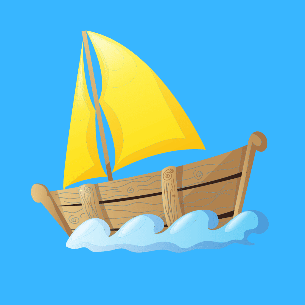 cartoon brown boat with yellow sail with blue background.