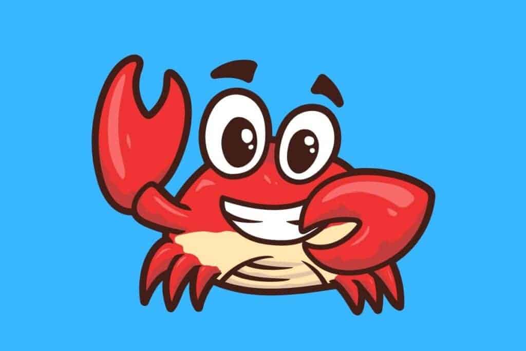 Cartoon graphic of smiling red crab with blue background.