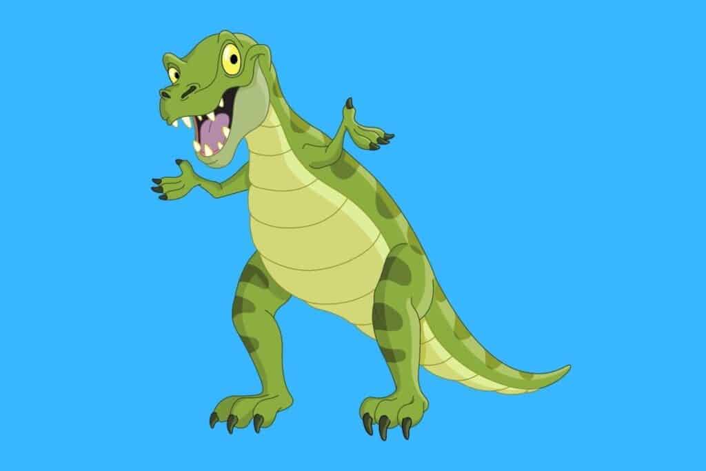 Cartoon graphic of t-rex dinosaur with blue background
