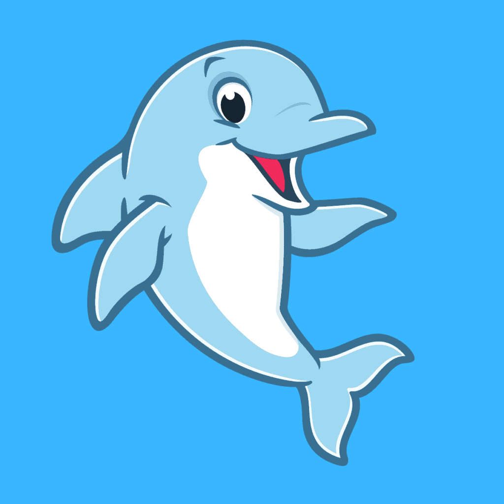 cartoon dolphin on blue background.