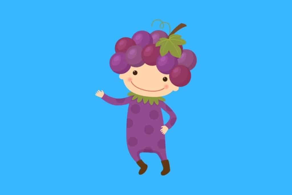 Cartoon graphic of girl wearing grape outfit with blue background.