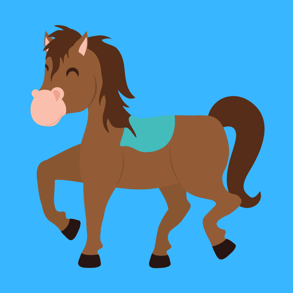 Cartoon graphic of happy horse with blue background.