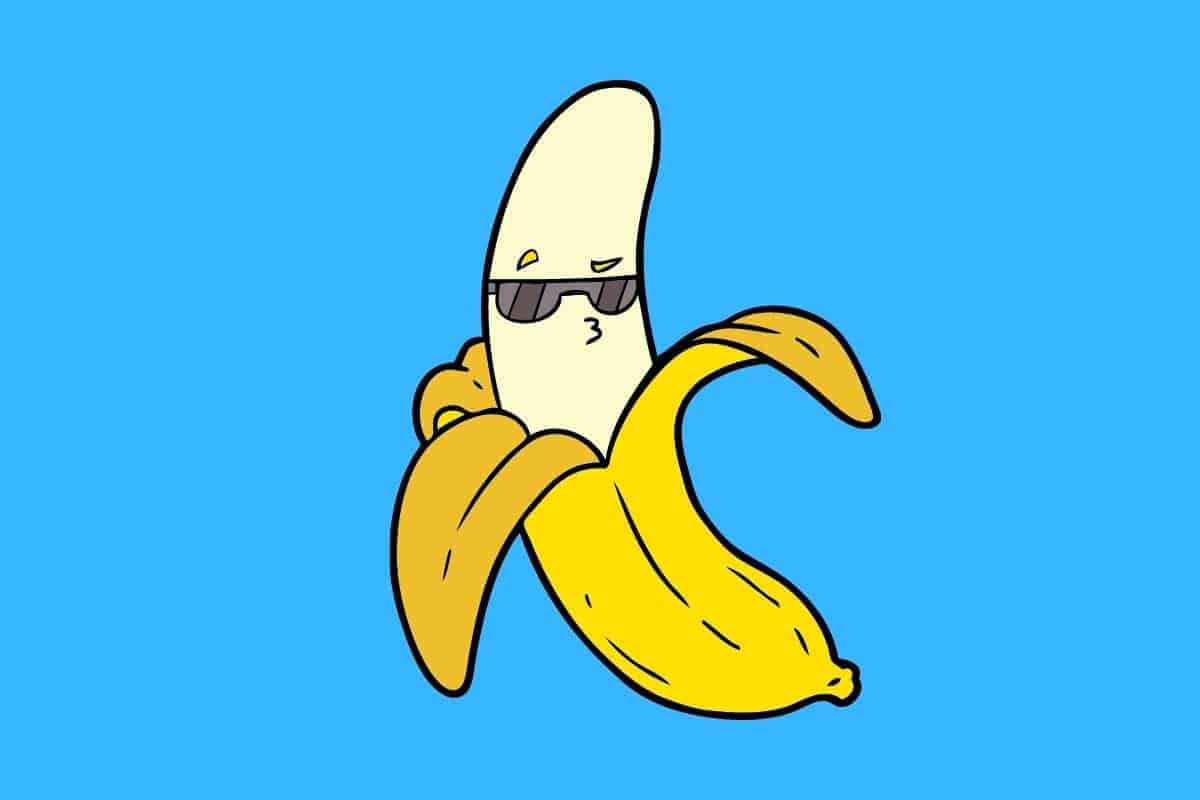 Cartoon graphic of banana with blue background with sunglasses