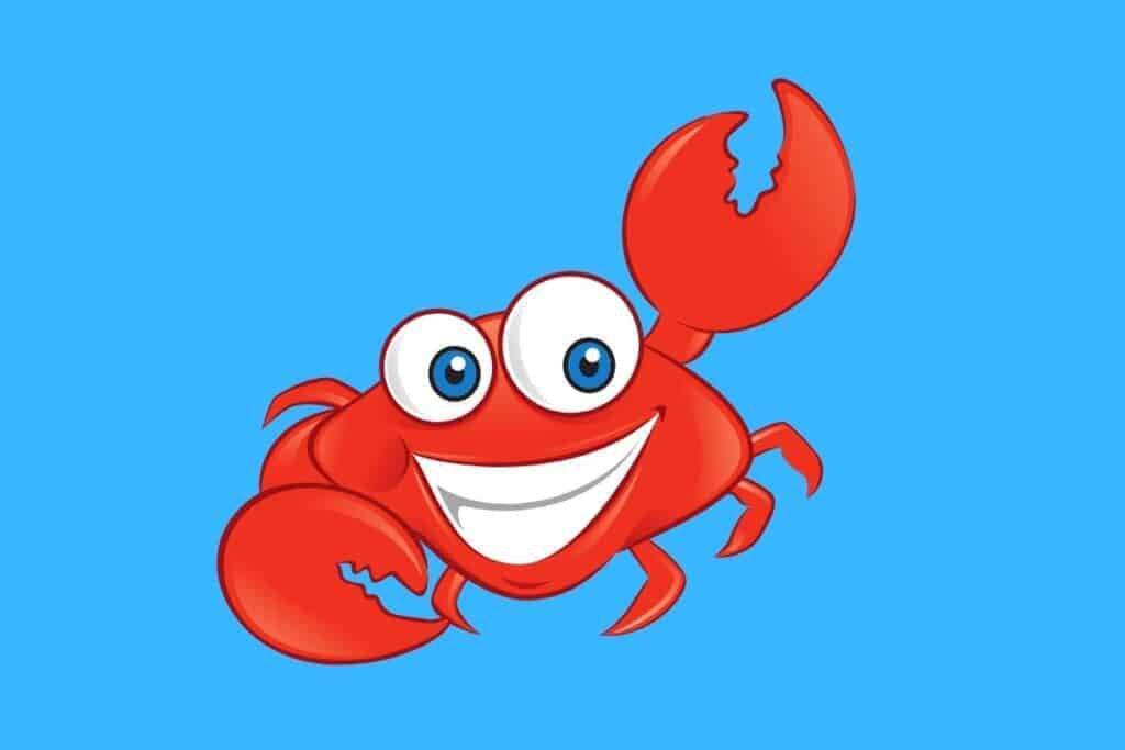 Cartoon graphic of red crab with claw in air on blue background.