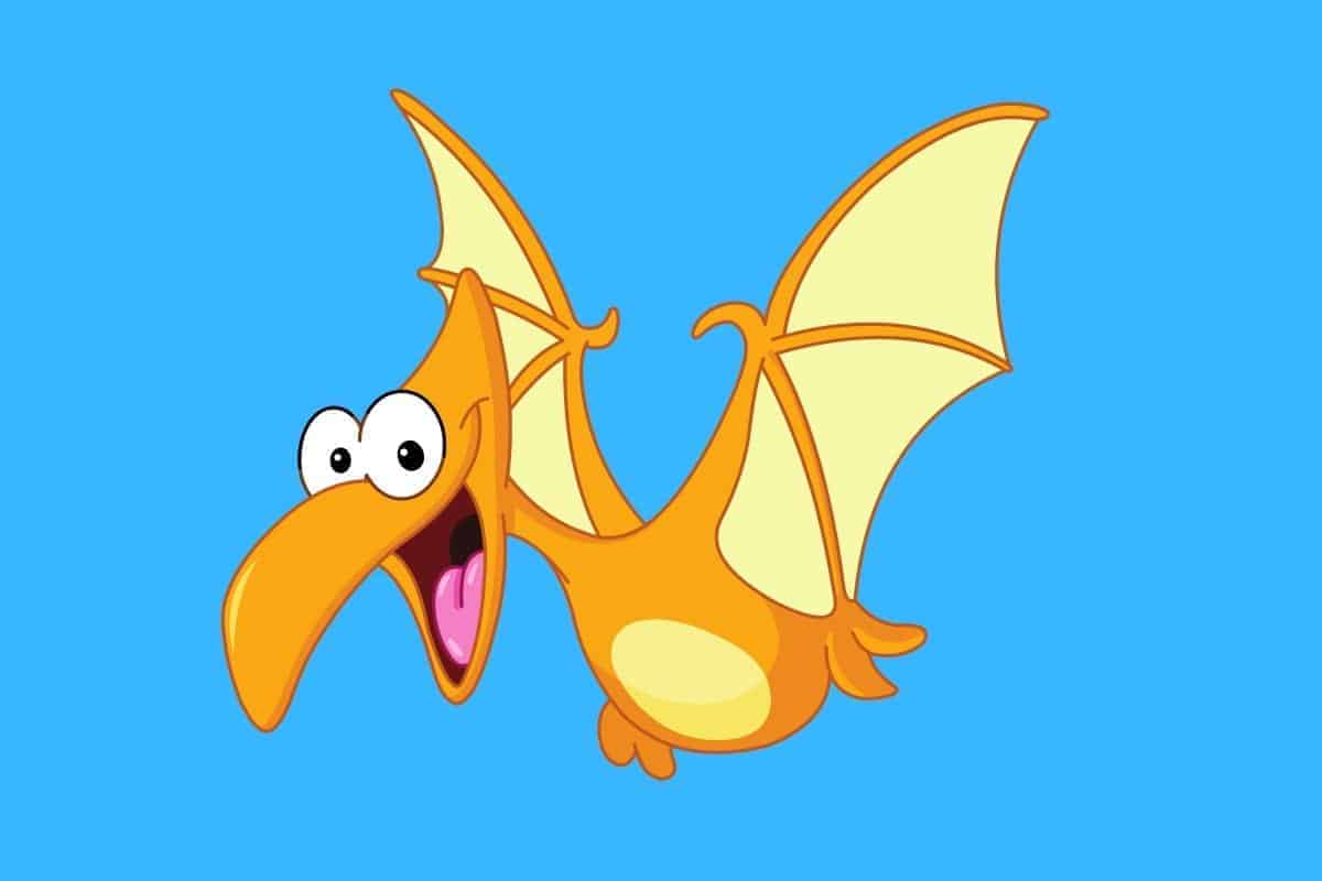Cartoon graphic of pterodactyl dinosaur with blue background