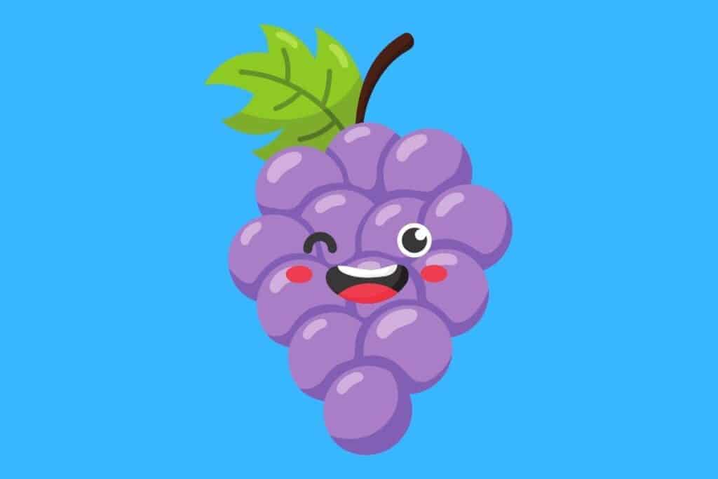 Cartoon graphic of grapes with blue background smiling.