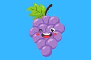 Cartoon graphic of grapes with blue background smiling.