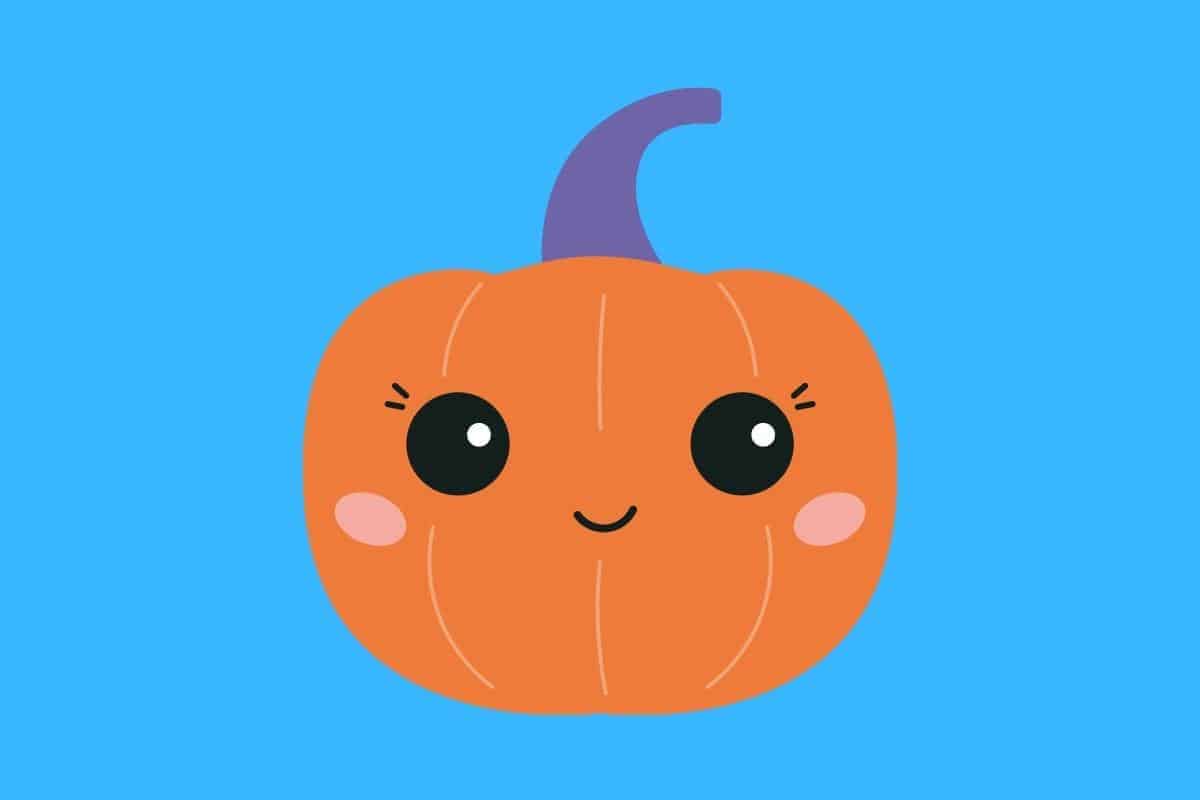 Cartoon graphic of smiling pumpkin on blue background.
