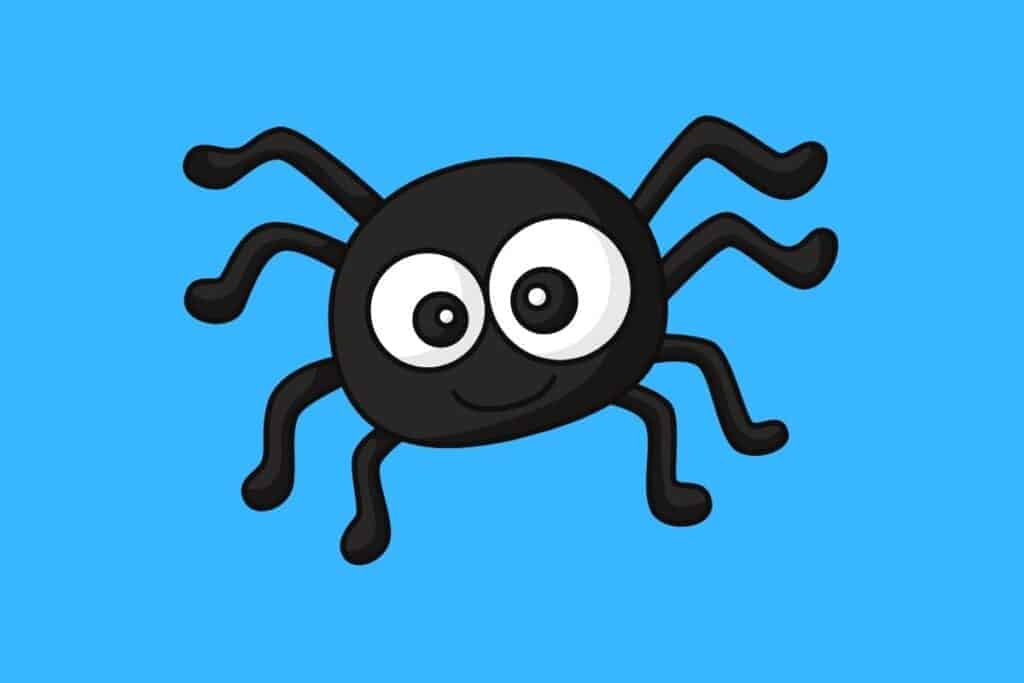 Cartoon graphic of black smiling spider on blue background.