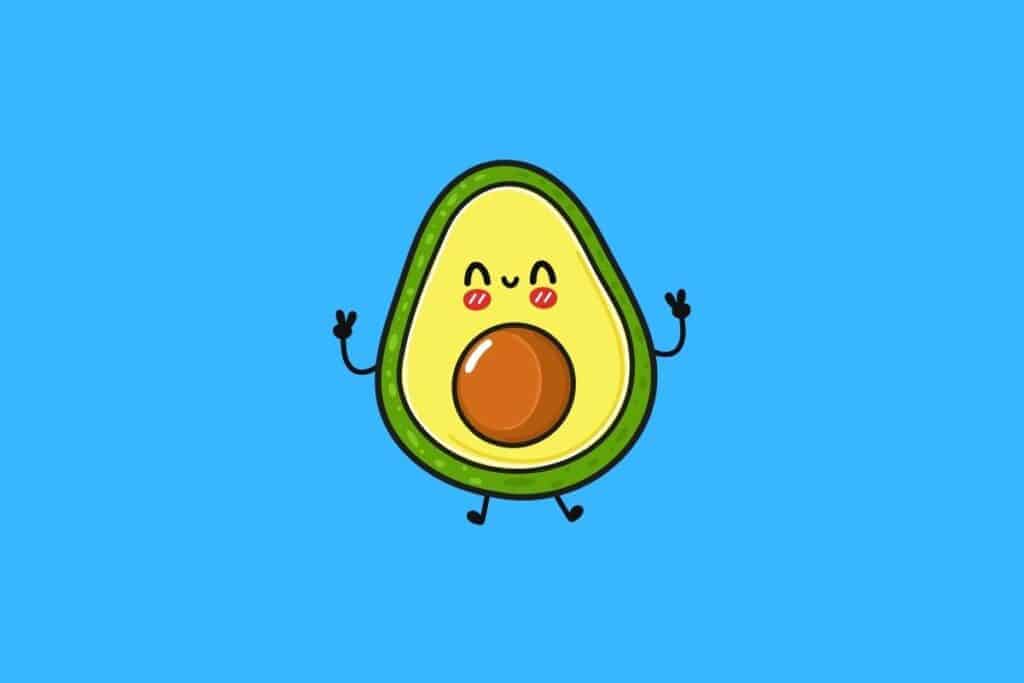 Cartoon graphic of avocado doing peace signs on blue background.