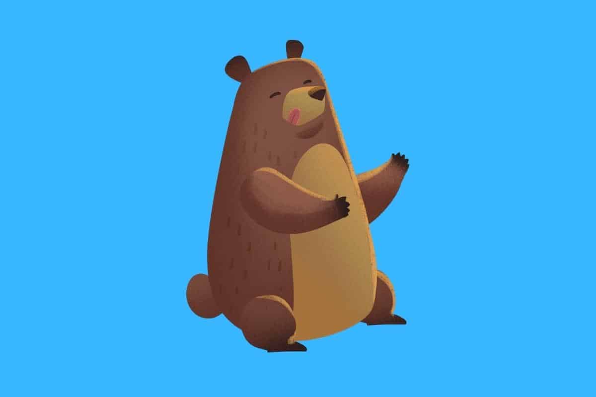 Cartoon graphic of bear licking lips on blue background.
