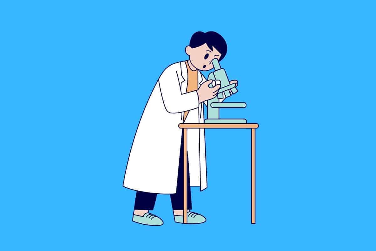 Cartoon graphic of scientist looking through a microscope on blue background.