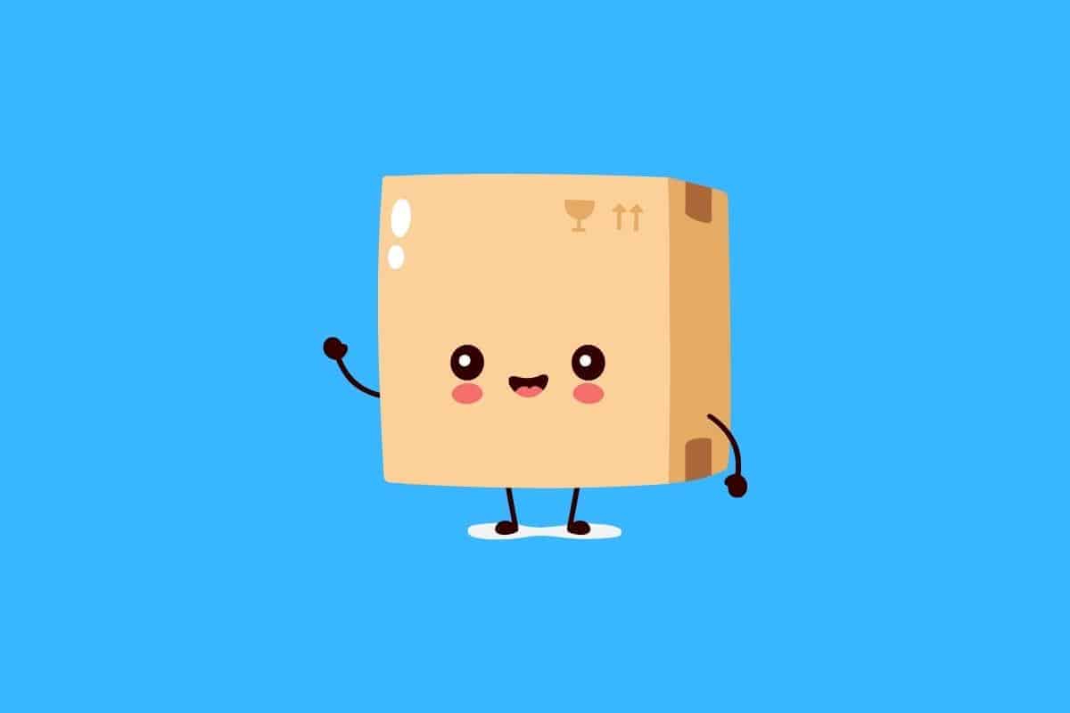 Cartoon graphic of waving box with smiling face on blue background.