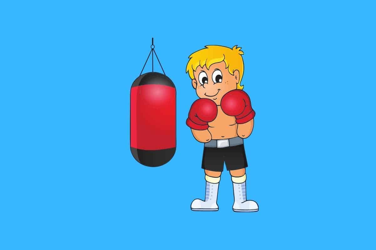 Cartoon graphic of smiling boxer with boxing bag on blue background.