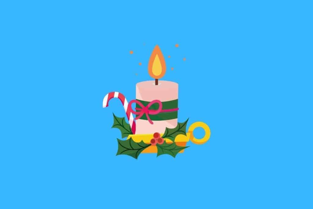 Cartoon graphic of Christmas candle on blue background.