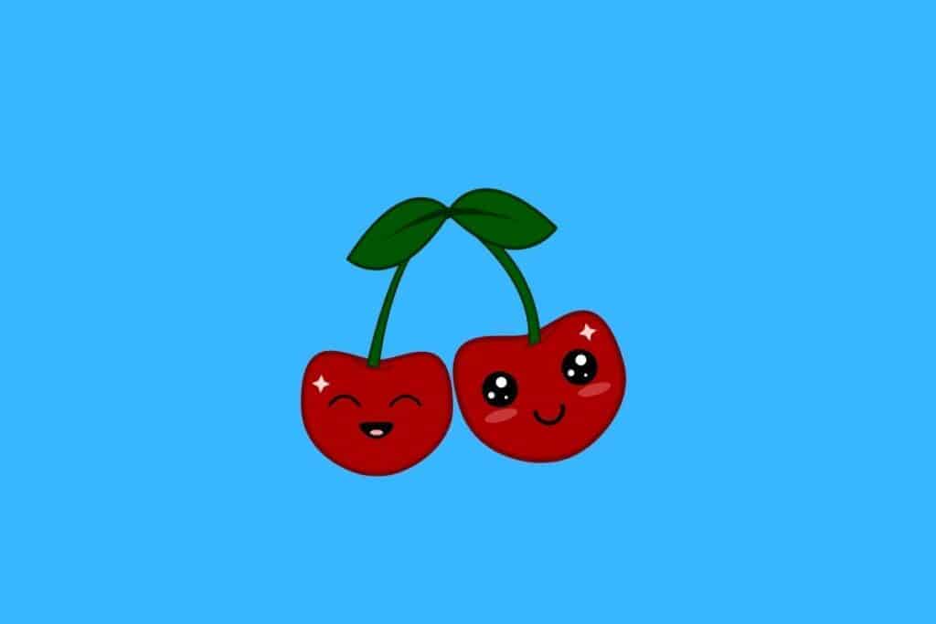 Cartoon graphic of two cherries one ith eyes open and the other closed on blue background.