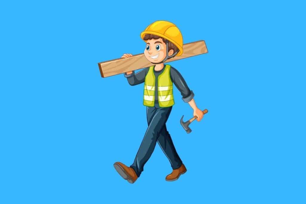 Cartoon graphic of builder holding plank of wood and hammer on blue background.