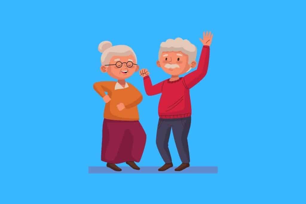Cartoon graphic of dancing old couple on blue background.