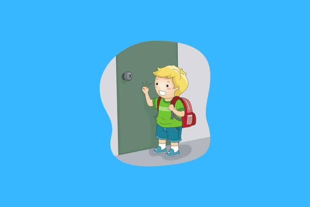 Cartoon graphic of boy knocking on a door on blue background.