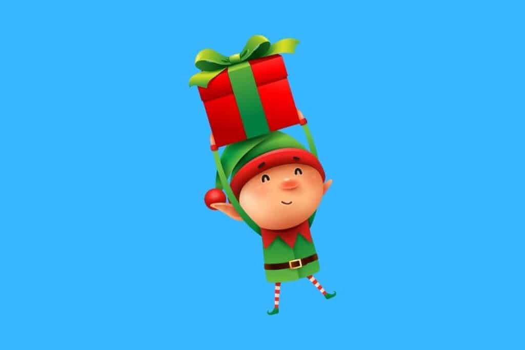 Cartoon graphic of elf holding present above his head on blue background.