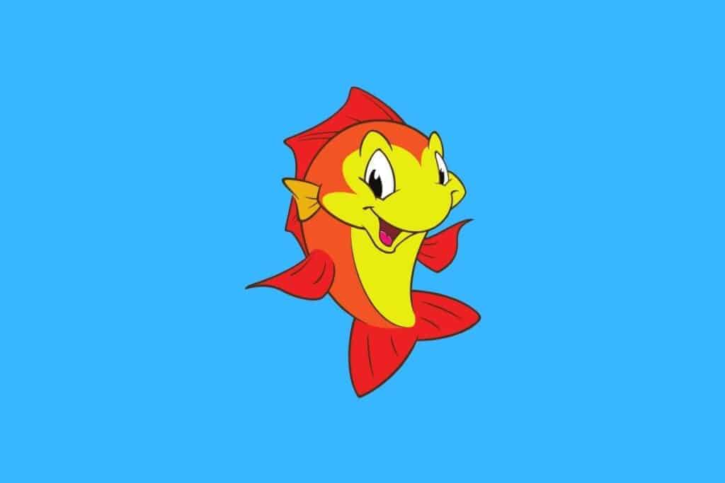 Cartoon graphic of red and yellow fish smiling on blue background.
