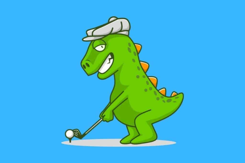 Cartoon graphic of green dinosaur about to hit golf ball on blue background.