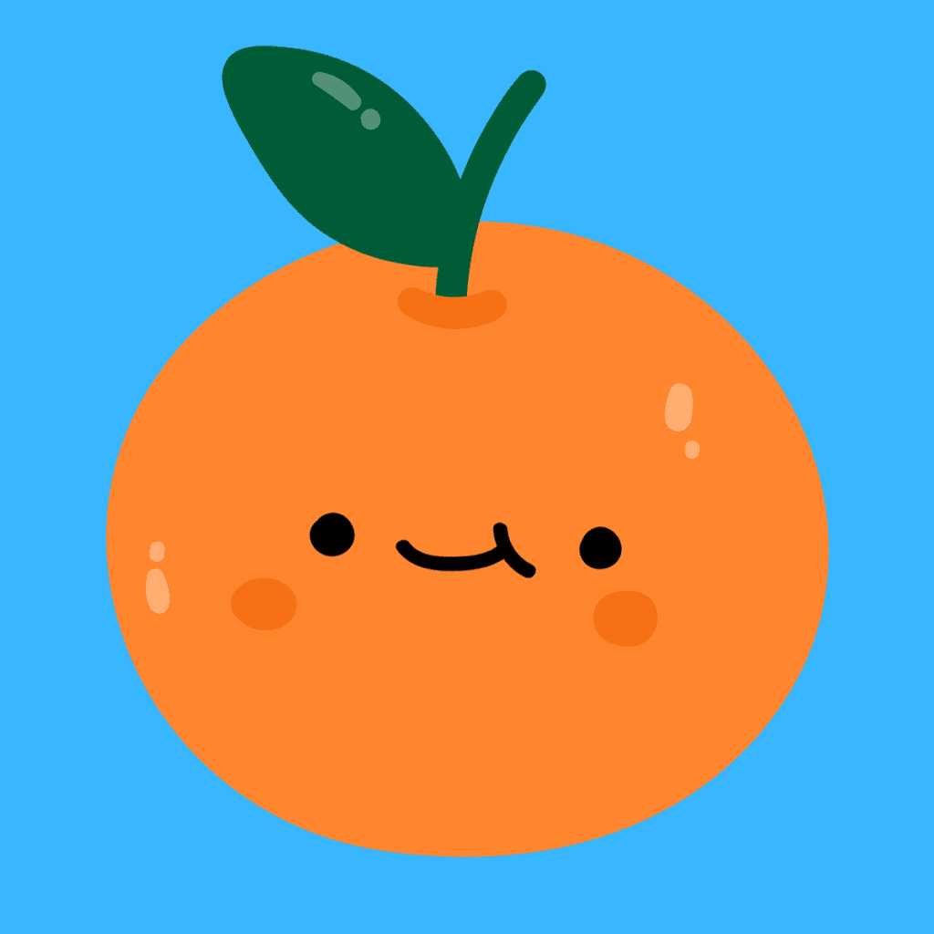 Cartoon graphic of smiling orange with blue background.