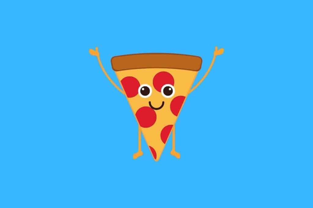 Cartoon graphic of pizza slice holding hands up on blue background.