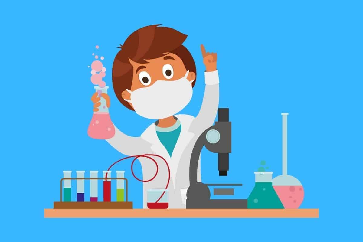 Cartoon graphic of chemist at table with finger pointing up on blue background.