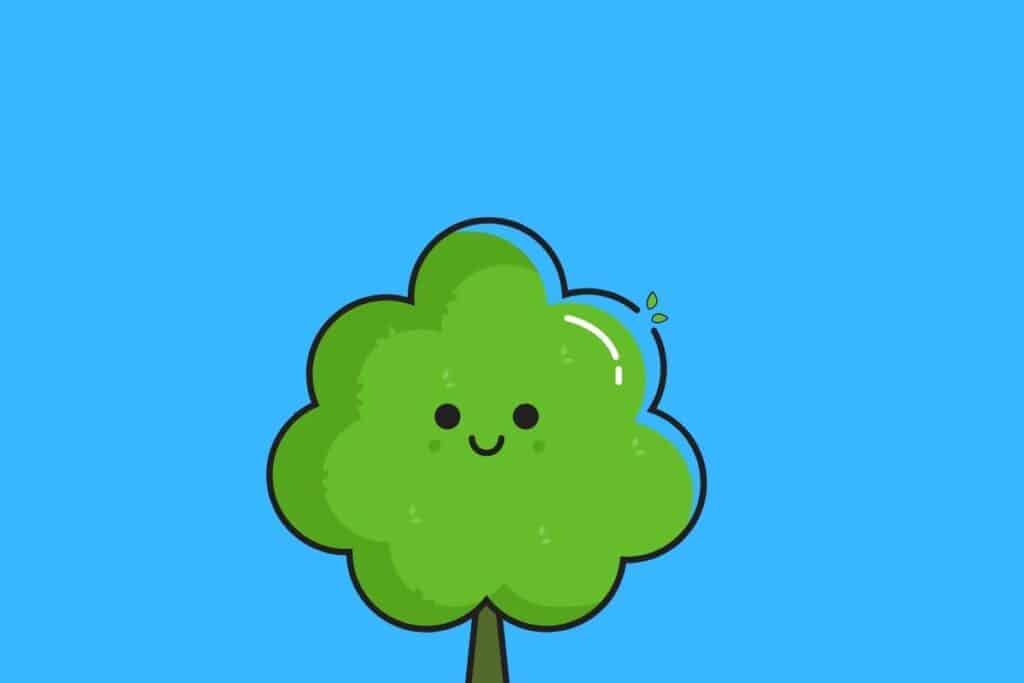 Cartoon graphic of green tree with smiling face on blue background.