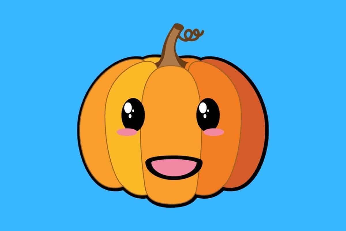 Cartoon graphic of surprised pumpkin on blue background.