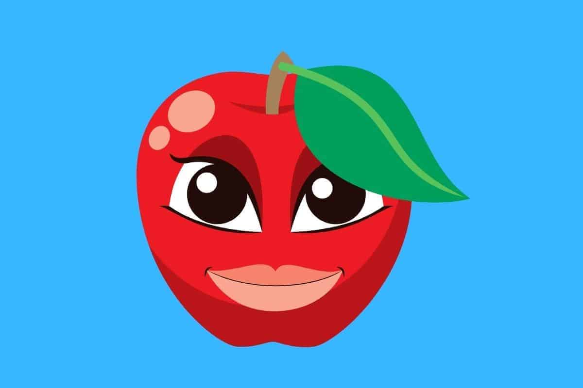 Cartoon graphic of apple with blue background with big lips.