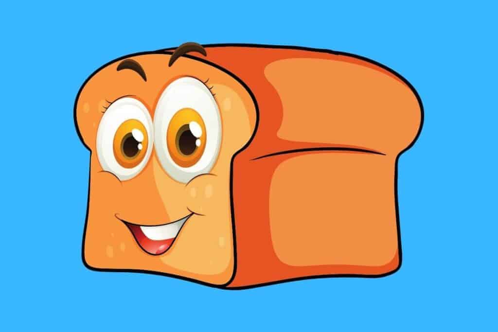 Cartoon graphic of smiling loaf of bread on blue background.