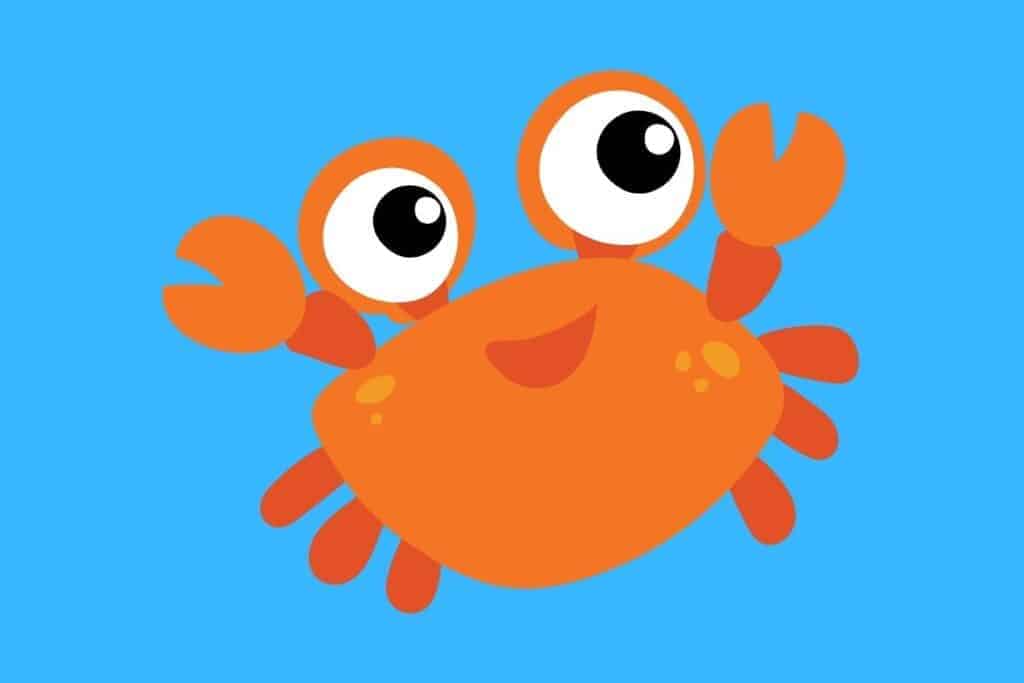 Cartoon graphic of happy crab on blue background.