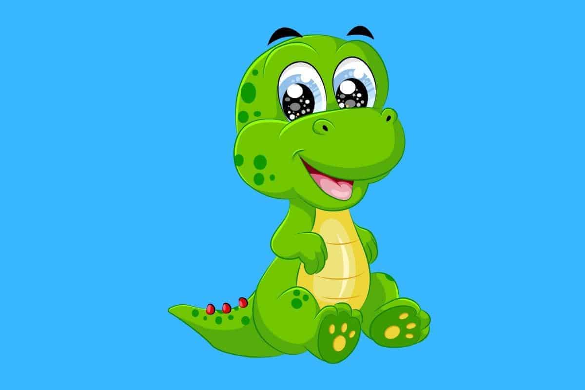 Cartoon graphic of baby dinosaur with blue background