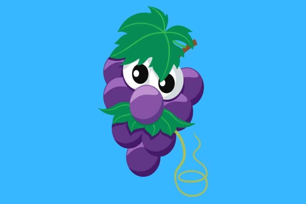 Cartoon graphic of grapes with blue background looking like old man with green leaf moustache.