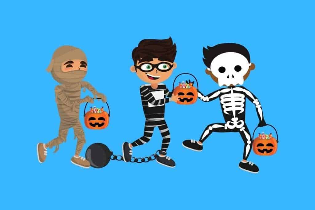 Cartoon graphic of 3 kids dressed up for Halloween on blue background.