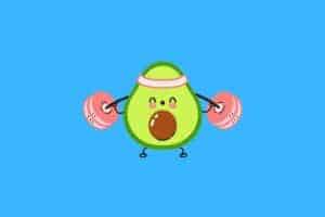 Cartoon graphic of avocado lighting weights on blue background.