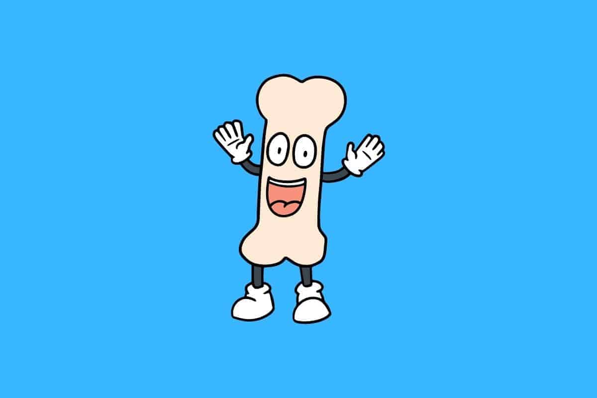 Cartoon graphic of happy bone person on blue background.