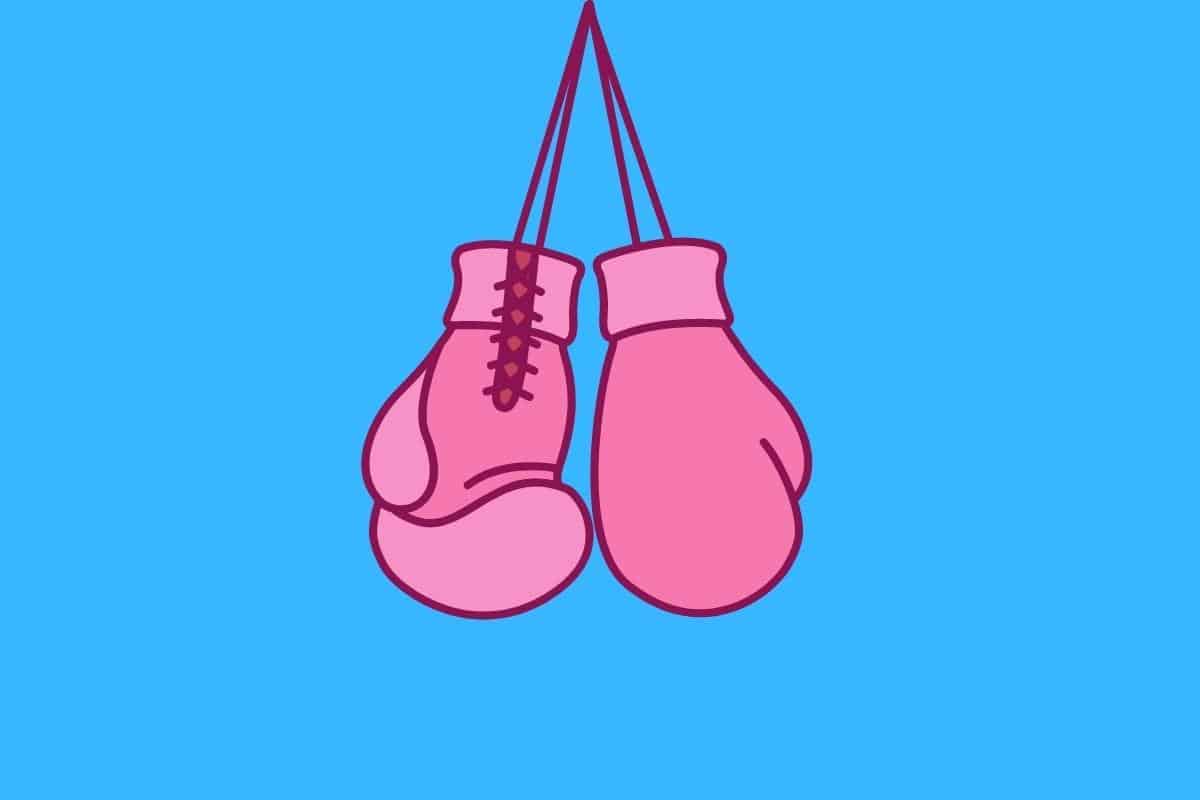 Cartoon graphic of pink boxing gloves on blue background.