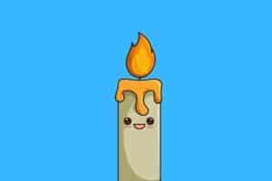 Cartoon graphic of smiling candle on blue background.